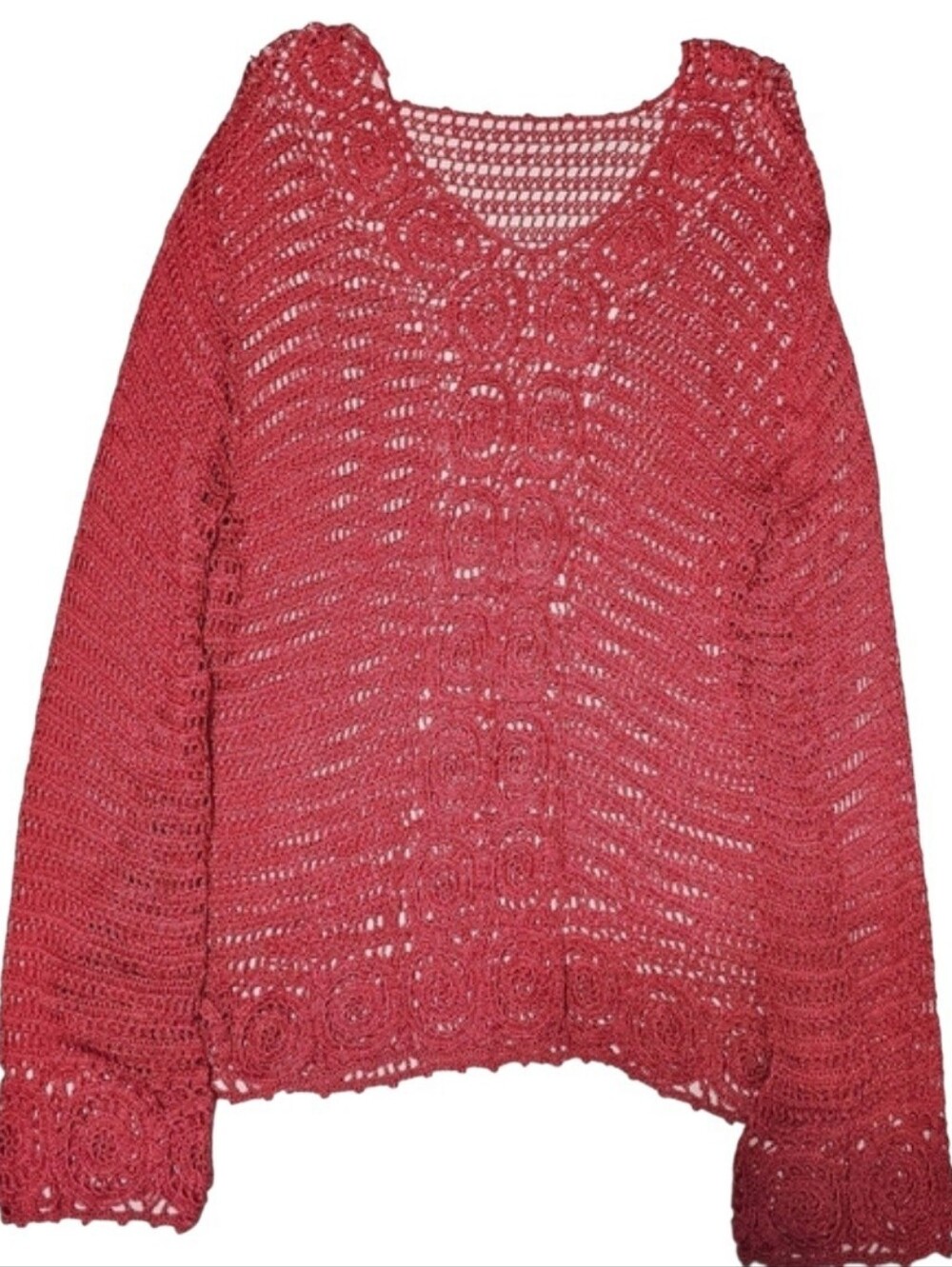 Crochet Coral Long Sleeve Chic Coverup Coachella Summer Casual Coastal Sz XL